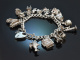 London um 1970! Sch&ouml;nes Bettelarmband mit 13 Charms und Herzschlie&szlig;e Sterlingsilber