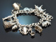 England um 1970! Schickes Bettel Armband mit 17 Charms und Herzschlie&szlig;e Sterlingsilber