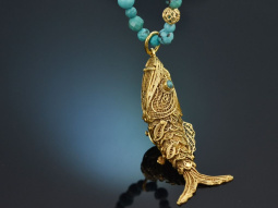 Around 1970! Filigree fish pendant with long turquoise...