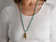 Around 1970! Filigree fish pendant with long turquoise chain, gold-plated silver