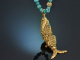 Around 1970! Filigree fish pendant with long turquoise chain, gold-plated silver