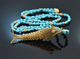 Around 1970! Filigree fish pendant with long turquoise...