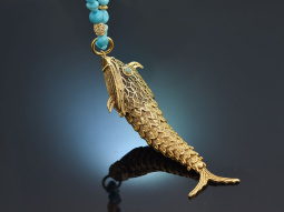 Around 1970! Filigree fish pendant with long turquoise...