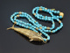 Around 1970! Filigree fish pendant with long turquoise chain in gold-plated silver