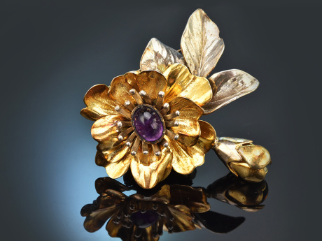 Tegernsee um 1980! Gro&szlig;e Bl&uuml;ten Brosche mit Amethyst von Bertele aus vergoldetem Silber
