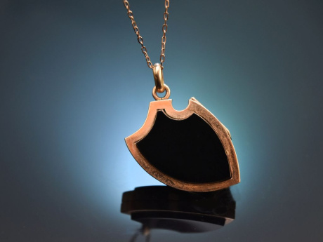 Um 1910! Seltener Medaillon Anh&auml;nger in Schildform mit Onyx aus Gold 585