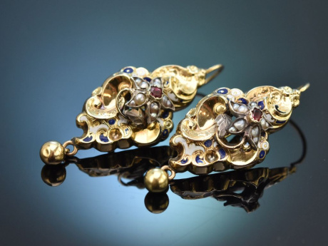 S&uuml;ddeutsch um 1850! Biedermeier Ohrringe mit Saatperlen und Emaille aus Gold 585