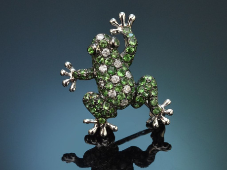 Frecher Frosch! H&uuml;bsche Anh&auml;nger Brosche mit Tsavorithen und Brillanten aus Wei&szlig;gold 750