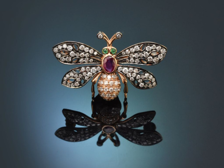 Tiny Bee! Bienen Brosche / Anh&auml;nger mit Rubin Smaragd und Brillanten aus Ros&eacute;gold 750