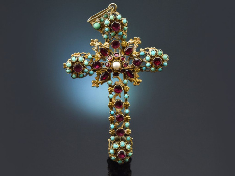 Siebenb&uuml;rgen um 1880! Antiker gro&szlig;er Granat-T&uuml;rkis Kreuz Anh&auml;nger mit Originaletui aus Silber