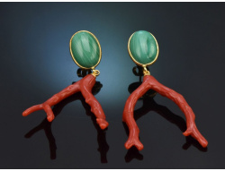 Chic Italian earrings with coral branches and malachite...