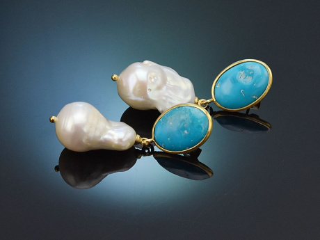 Beautiful Italian earrings featuring turquoise and cultured pearl drops, crafted from 925 silver