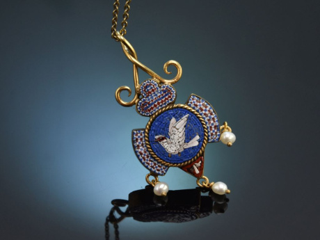 Italien um 1870! Feiner Mikromosaik Anh&auml;nger mit Kette Gold 585 und vergoldetes Silber