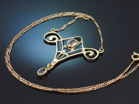 Sch&ouml;nes Plique &agrave; Jour Collier im Jugendstil mit Aquamarin und Fensteremail aus Gold 585