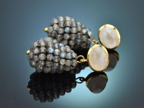 Mondstein und Labradorit! Sch&ouml;ne Tropfen Ohrringe aus vergoldetem Silber 925