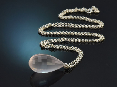 Big Drop! Gro&szlig;er Rosenquarz Tropfen Anh&auml;nger mit langer Kette Silber 925