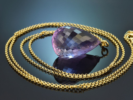 Big Drop! Gro&szlig;er Amethyst Tropfen Anh&auml;nger mit langer Kette vergoldetes Silber 925