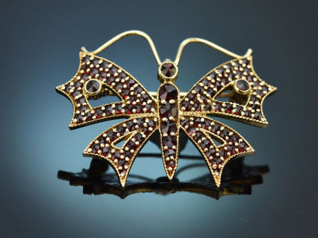 M&uuml;nchen um 1995! H&uuml;bsche Schmetterlings Granat Brosche Silber 925 vergoldet
