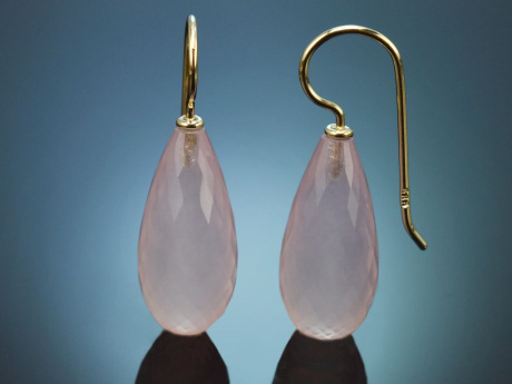 Aus unserer Werkstatt! Edle Tropfen Briolett Rosenquarz Ohrringe aus Gold 585