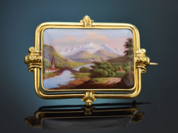 Schweiz um 1860! Feine Emaille Brosche mit Mont Blanc und...