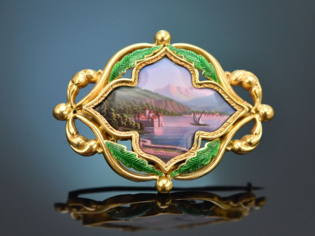 Schweiz um 1870! Feine Emaille Brosche mit Chateau de Chillon Genfersee aus Gold 750