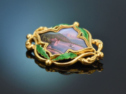 Schweiz um 1870! Feine Emaille Brosche mit Chateau de...