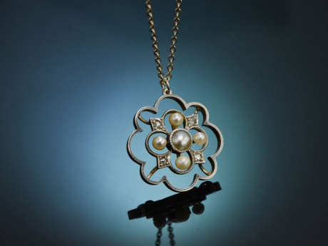 England um 1900! Perlen-Diamant-Anh&auml;nger mit Kette aus Gold und Platin