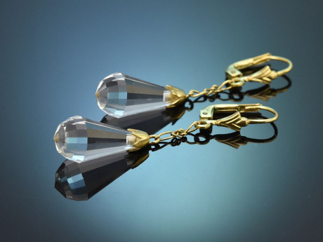 M&uuml;nchen um 1955! H&uuml;bsche Ohrringe mit Bergkristall Tropfen aus Gold 333