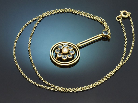 England um 1900! Feines Aquamarin Collier mit Saatperle aus Gold 15 Ct