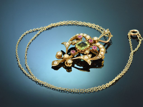 London um 1900! Seltenes Suffragetten Anh&auml;nger Collier mit Peridot und Rubinen aus Gold