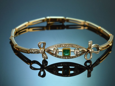 Around 1910! Belle Epoque bracelet with emerald and diamonds 585 gold platinum