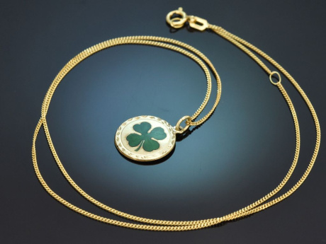 Um 1910! Gl&uuml;cks Kleeblatt Anh&auml;nger mit Kette Emaille und Gold 585
