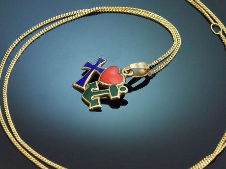 Um 1930! Glaube Liebe Hoffnung Emaille Anh&auml;nger mit Kette aus Gold