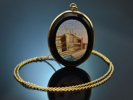Italien um 1880! Antiker Mikromosaik Anh&auml;nger Venedig Motiv mit Kette Gold 333 und vergoldet