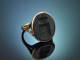 Around 1910! Historic engraved coat of arms signet ring with heliotrope in 585 gold