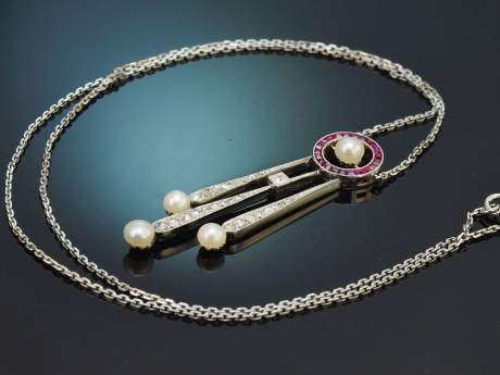 Um 1915! Seltenes Belle Epoque Collier Diamanten Rubine Perlen Platin im Originaletui