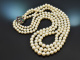 Wien um 1965! Edles 3reihiges Akoya Zuchtperlen Collier mit Diamanten Rubine Saphiren und Smaragden