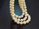 Wien um 1965! Edles 3reihiges Akoya Zuchtperlen Collier mit Diamanten Rubine Saphiren und Smaragden