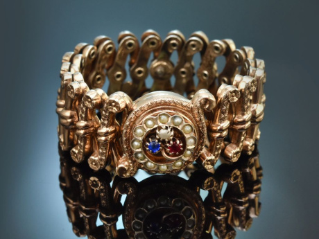 S&uuml;ddeutsch um 1870! Biedermeier Ziehharmonika Armband mit Saatperlen aus vergoldetem Silber