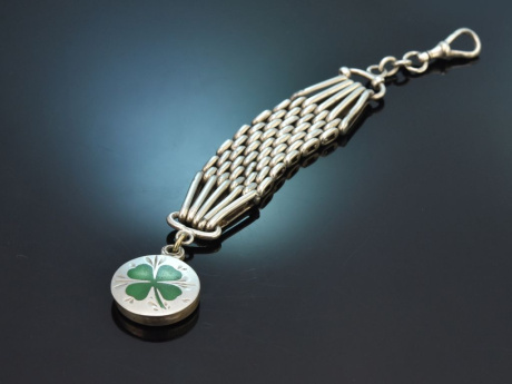 Wien um 1910! Uhrzipfel Chatelaine mit Gl&uuml;cks Klee Emaille aus Silber 835