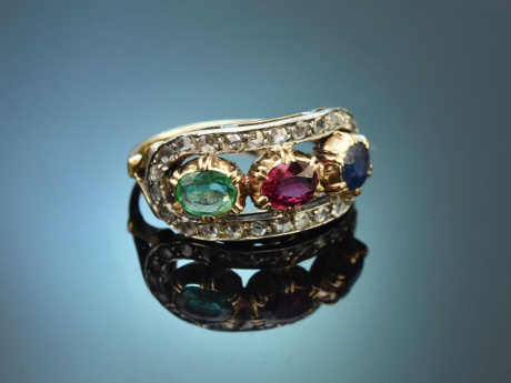 S&uuml;ddeutsch um 1820! Antiker Ring mit Smaragd Rubin Saphir und Diamanten aus Gold 750 und Silber