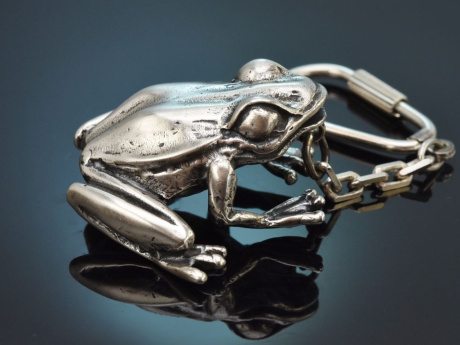 M&uuml;nchen um 1980! Gro&szlig;er plastischer Frosch Schl&uuml;sselanh&auml;nger aus Silber 800