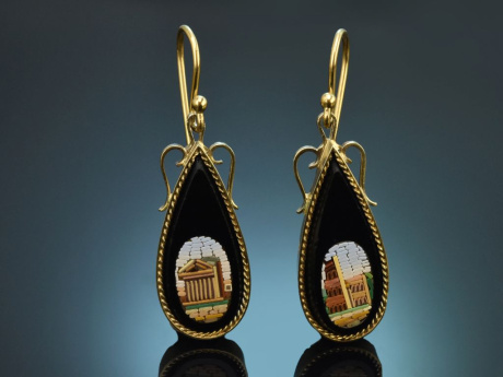 Around 1890! Rare historical micromosaic earrings made of 333 gold and silver
