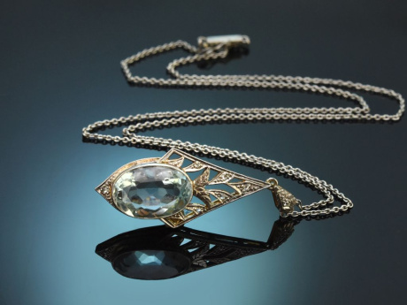 S&uuml;ddeutsch um 1910! Aquamarin Diamant Anh&auml;nger mit Kette aus Gold 585 und Platin