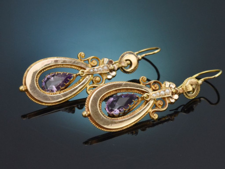 Munich circa 1890! Rare earrings with amethysts and seed pearls set in 14-carat gold