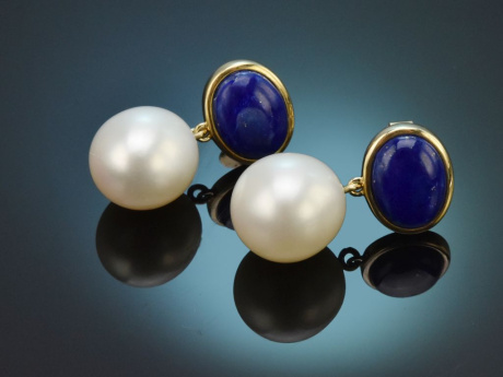 Aus unserer Werkstatt! Feine Ohrringe mit Lapislazuli und Zuchtperlen aus Gold 585
