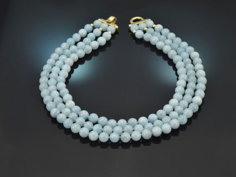 Aus unserer Werkstatt! Dreireihige Aquamarin Kette mit vergoldeter Schlie&szlig;e aus Silber 925