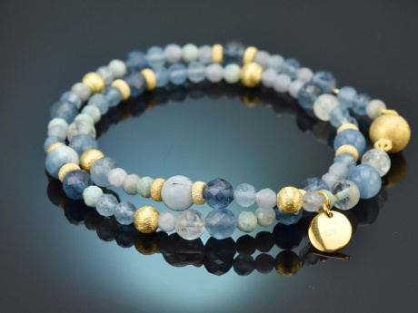 Soft Blue! Double-row fancy bracelet with aquamarine, sapphire and angelite, made from gold-plated silver