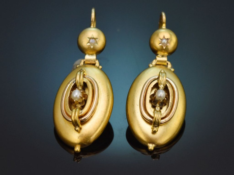Wien um 1880! Seltene Sp&auml;tbiedermeier Ohrringe mit Saatperlen aus Gold 585