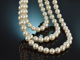Around 1960! A exquisite 3-strand long Akoya pearl necklace in a gradient of 585 gold